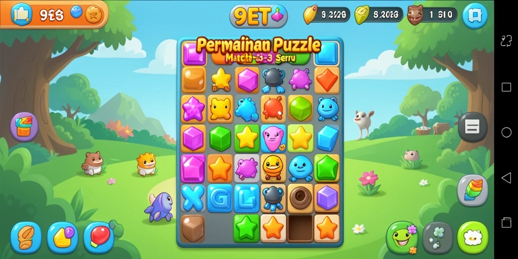 Antarmuka permainan Puzzle Match-3 yang penuh warna dan interaktif.