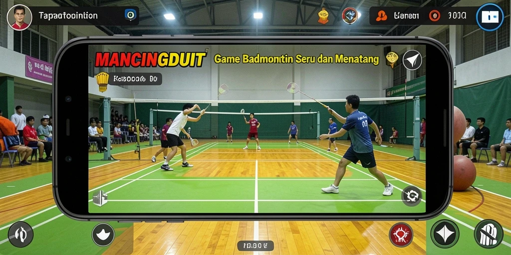 Antarmuka permainan badminton MANCINGDUIT yang interaktif dan menarik.